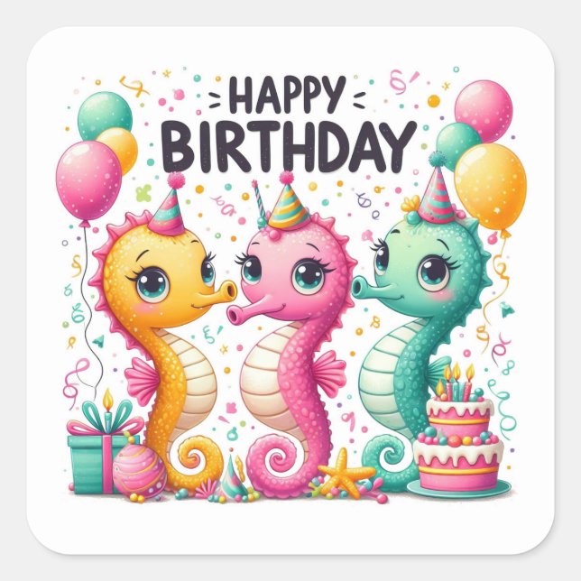 Sticker Carré Joyeux Anniversaire Cute Seahorses Célébrant  (Devant)