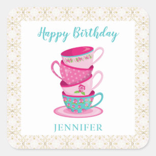 Sticker Carré Joyeux Anniversaire Cute tasses de thé après-midi 