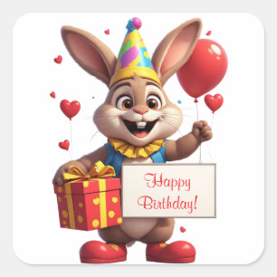 Sticker Carré Joyeux Anniversaire de Lapin Mignon avec Cadeau et