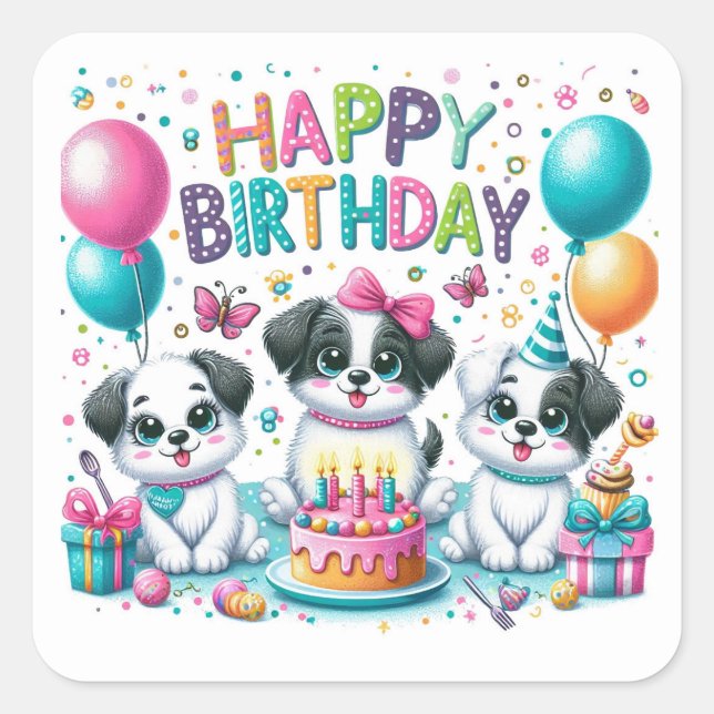Sticker Carré Joyeux Anniversaire de mignonnes chiots célébrant (Devant)