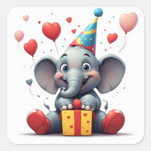 Sticker Carré Joyeux Anniversaire d'Éléphant avec Ballons 🐘
