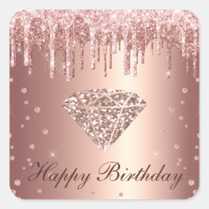 Sticker Carré Joyeux Anniversaire Diamant Paillettes Or Rose