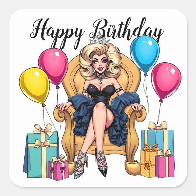 Sticker Carré Joyeux Anniversaire Drag Queen (Devant)