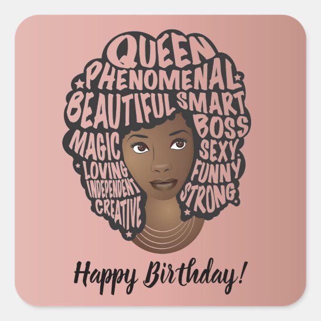 Sticker Carré Joyeux anniversaire, encourageant les femmes noire (Devant)
