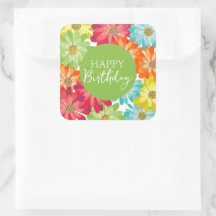 Sticker Carré Joyeux Anniversaire Fleurs de printemps colorées
