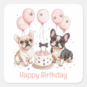 Sticker Carré Joyeux Anniversaire Français Bulldogs Anniversaire