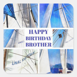 Sticker Carré Joyeux Anniversaire Frère Artistique Voiles Blanc