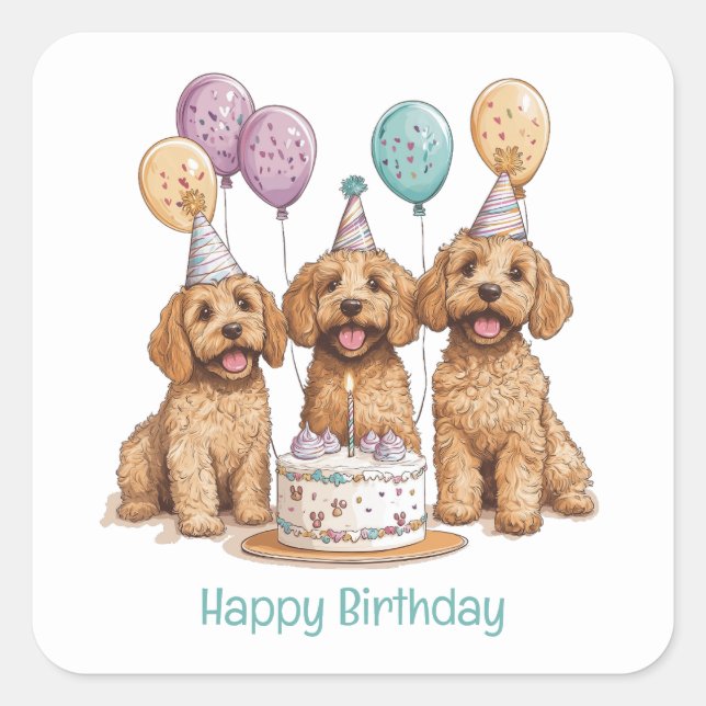 Sticker Carré Joyeux Anniversaire Goldendoodle Chiens Anniversai (Devant)