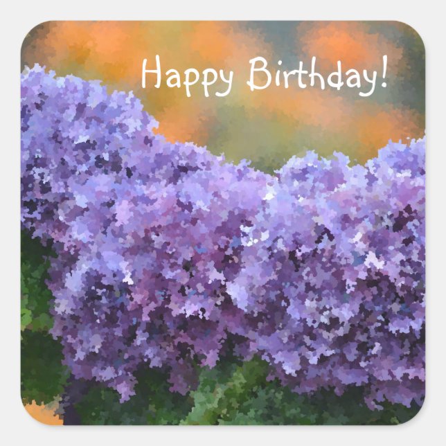 Sticker Carré Joyeux Anniversaire Impressionniste Purple Hydrang (Devant)