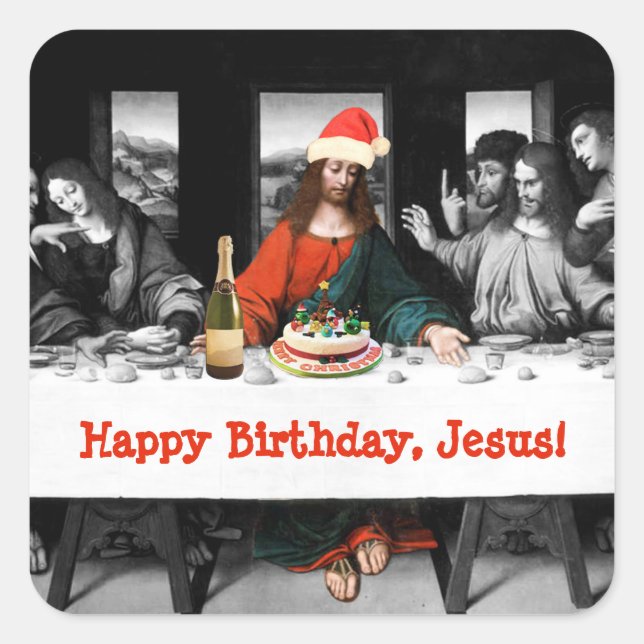 Sticker Carré Joyeux anniversaire, Jésus ! Funny Christmas (Devant)