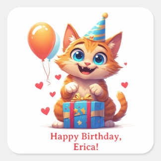 Sticker Carré Joyeux Anniversaire Kitty Avec Chapeau de Fête 🐱