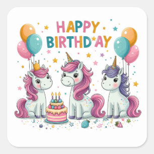 Sticker Carré Joyeux Anniversaire Licornes Mignonnes Célébrant 