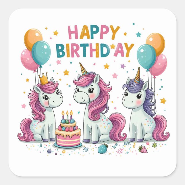 Sticker Carré Joyeux Anniversaire Licornes Mignonnes Célébrant  (Devant)