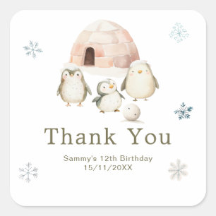 Sticker Carré Joyeux Anniversaire Manchots de l'Hiver Mignons
