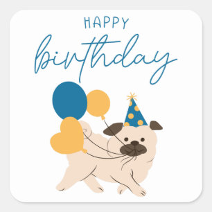 Sticker Carré Joyeux anniversaire mignon chien et ballons simple