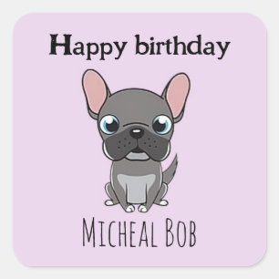Sticker Carré Joyeux anniversaire mignon chien pug gris violet