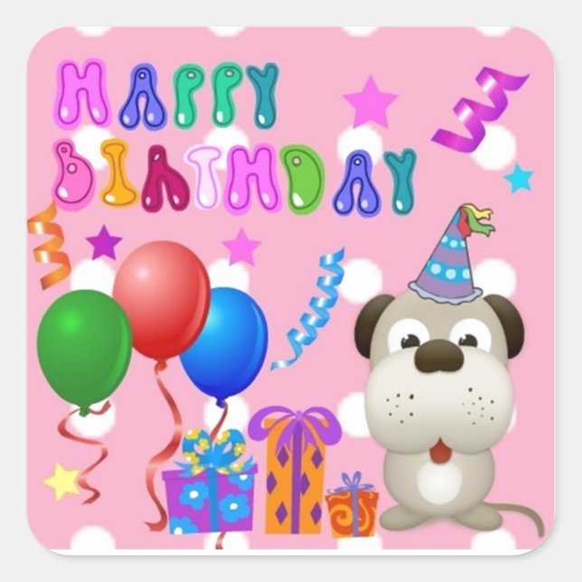 Sticker Carré Joyeux anniversaire mignon chiot avec gâteau et ca (Devant)