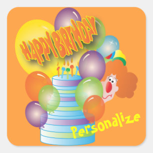 Sticker Carré Joyeux anniversaire mignon Clown de dessin pour en