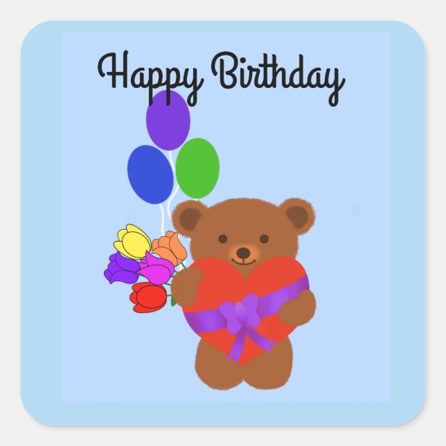 Sticker Carré Joyeux Anniversaire mignon Ours en peluche #4 Stic (Devant)