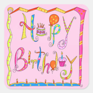 Sticker Carré Joyeux Anniversaire Mot Art rose Balloon Art