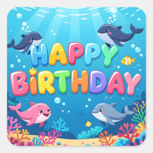 Sticker Carré Joyeux anniversaire nautique dauphin mignon