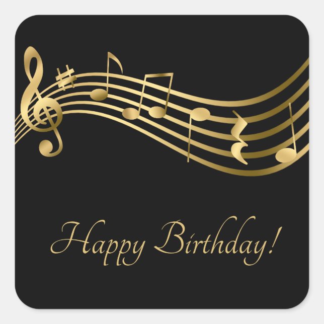 Sticker Carré Joyeux Anniversaire Notes musicales Black&Gold Ele (Devant)