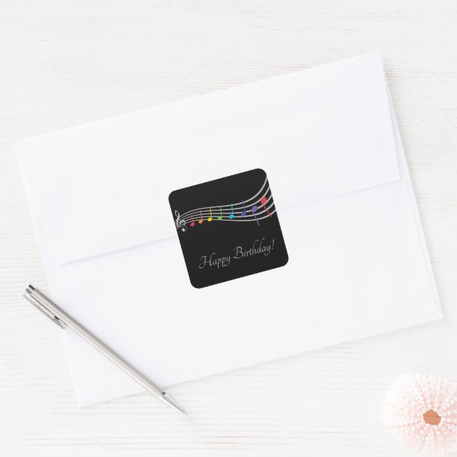 Sticker Carré Joyeux Anniversaire Notes musicales Black&Silver É (Enveloppe)