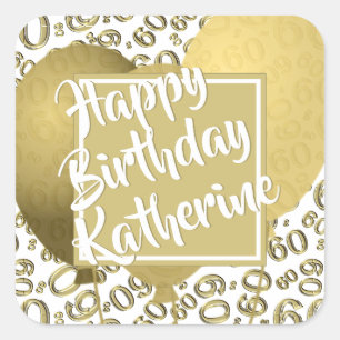 Sticker Carré Joyeux anniversaire - or 60 et motif blanc de