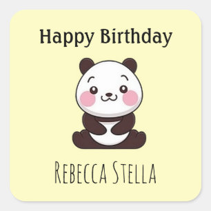 Sticker Carré Joyeux anniversaire ours panda mignon jaune