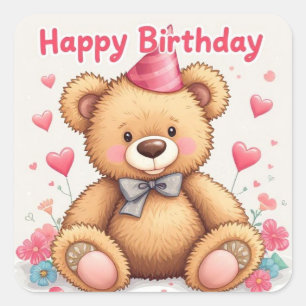 Sticker Carré Joyeux Anniversaire Ourson Mignon avec des Cœurs R