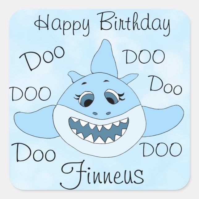 Sticker Carré Joyeux anniversaire personnalisé bébé requin (Devant)