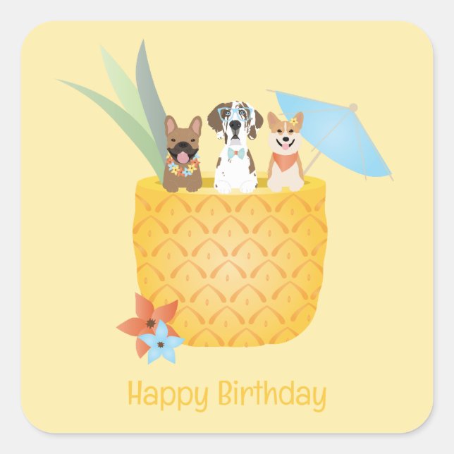Sticker Carré Joyeux Anniversaire Pina Colada Chiens d'ananas (Devant)