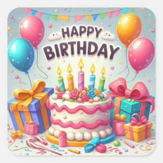 Sticker Carré Joyeux anniversaire pour les enfants - Ballons col