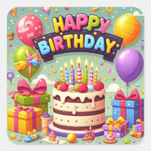 Sticker Carré Joyeux anniversaire pour les enfants - Ballons col