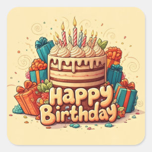 Sticker Carré Joyeux anniversaire pour les enfants - Gâteau cade
