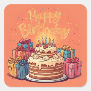 Sticker Carré Joyeux anniversaire pour les enfants - Gâteau cade