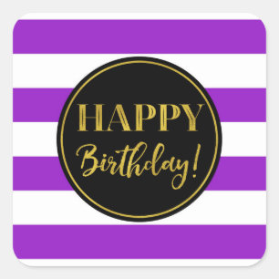 Sticker Carré Joyeux Anniversaire Purple Black Gold White Stripe
