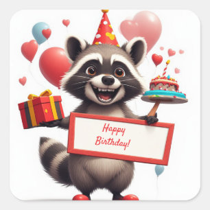 Sticker Carré Joyeux Anniversaire Raton Laveur Avec Ballons 🎁