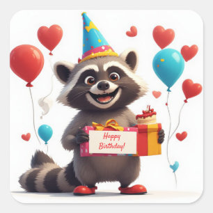Sticker Carré Joyeux Anniversaire Raton Laveur Mignon Avec Cadea