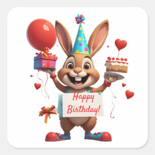 Sticker Carré Joyeux Anniversaire Signe de Lapin Mignon 🐇