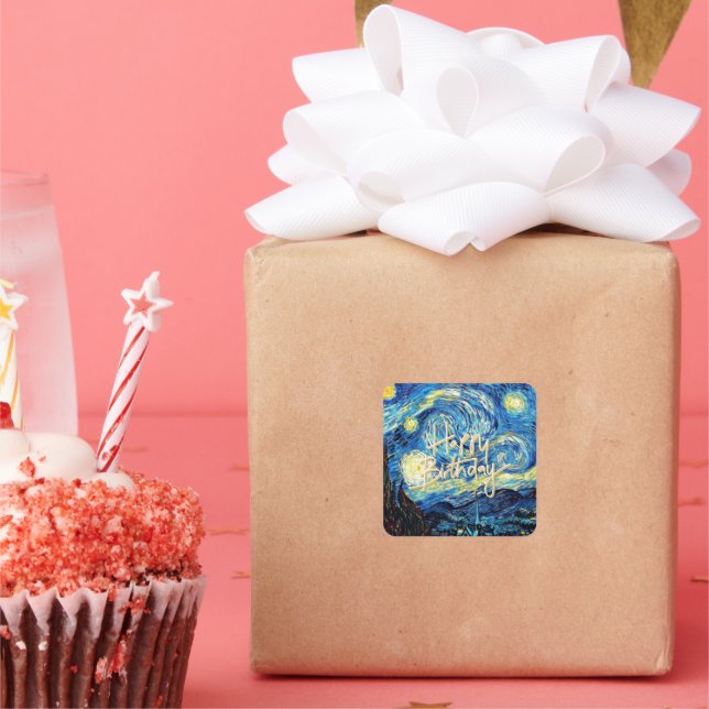 Sticker Carré Joyeux anniversaire, Starry Night art, (Fête)