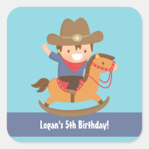 Sticker Carré Joyeux Anniversaire Thème Cowboy Occidental Enfant