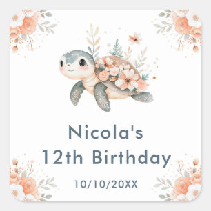 Sticker Carré Joyeux Anniversaire Tortue Florale Mignonne
