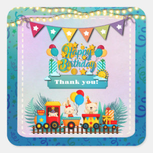 Sticker Carré Joyeux Anniversaire Train Avec Vœux Animaux Mignon