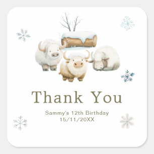 Sticker Carré Joyeux Anniversaire Vache Arctique Hiver Mignon