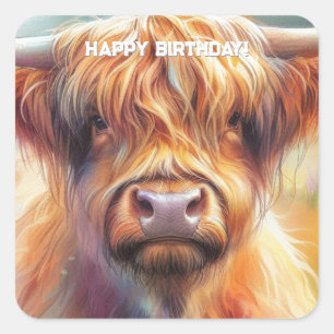 Sticker Carré Joyeux Anniversaire Vache Highland Mignonne et Rus