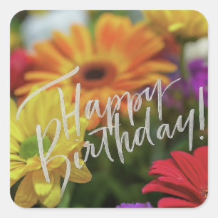 Sticker Carré Joyeux Anniversaire Vibrant Fleurs de Printemps co