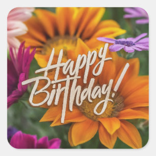 Sticker Carré Joyeux Anniversaire Vibrant Fleurs de Printemps co