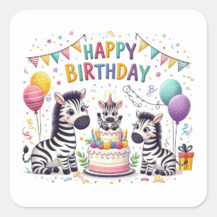 Sticker Carré Joyeux Anniversaire Zèbres Mignons Célèbrent 