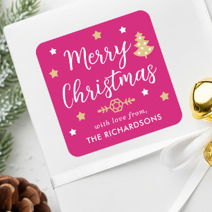 Sticker Carré Joyeux arbre de Noël Personnalisé Nom de famille r